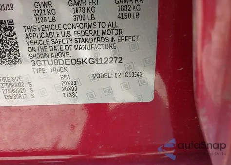 2019 GMC Sierra 1500 Slt из США, поврежденный, VIN 3GTU8DED5KG112272